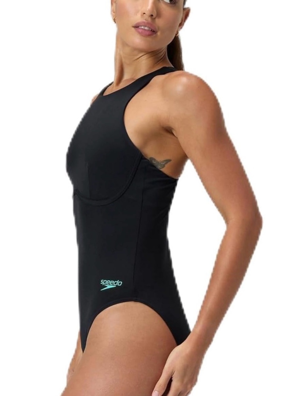 Speedo Black High-Neck One-Piece Swimsuit with Teal Logo